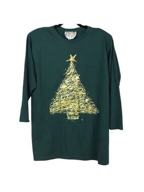 Vintage 80s Green Christmas Top Hand Painted Gold Tree Puff Paint 3/4 Sleeve